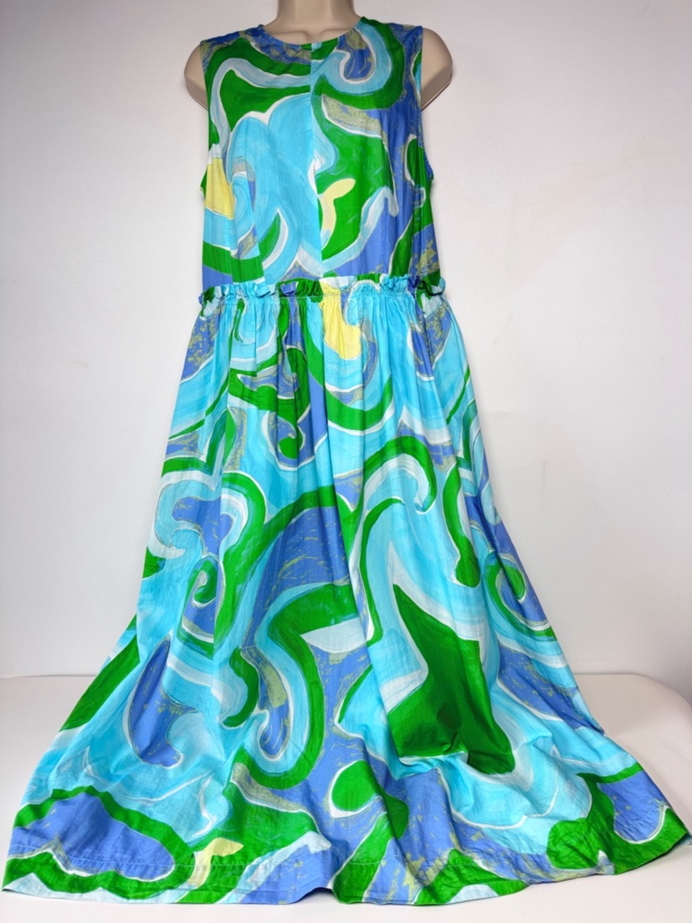 TopShop Swirl Pastel Green Blue Sleeveless Maxi Dress Women Sz 10 Pockets Cotton